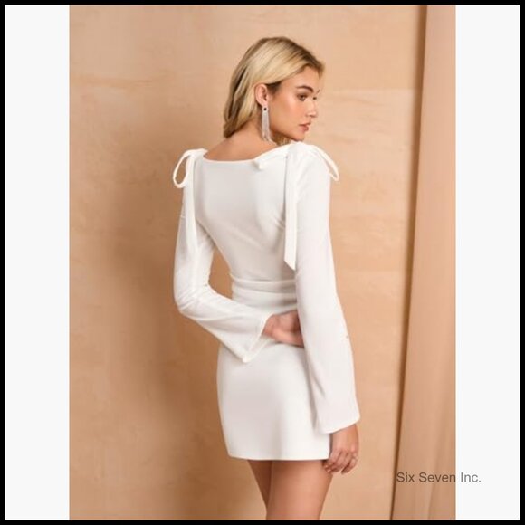 Long Sleeve Mini Dress Boat Neck Tie Shoulder Ruched Bodycon - Picture 5 of 6
